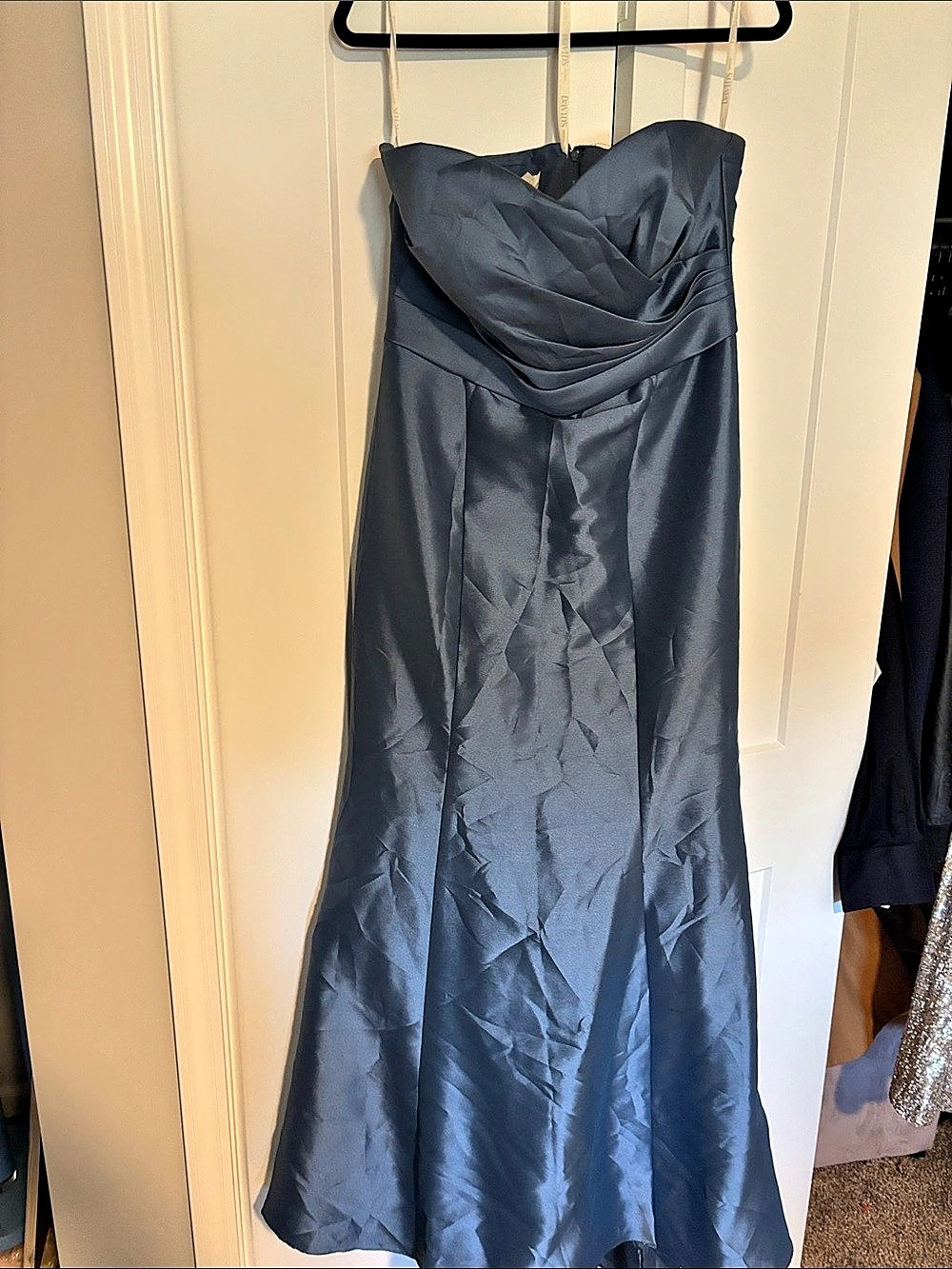 David's Bridal Draped Strapless Maxi Dress in Blue